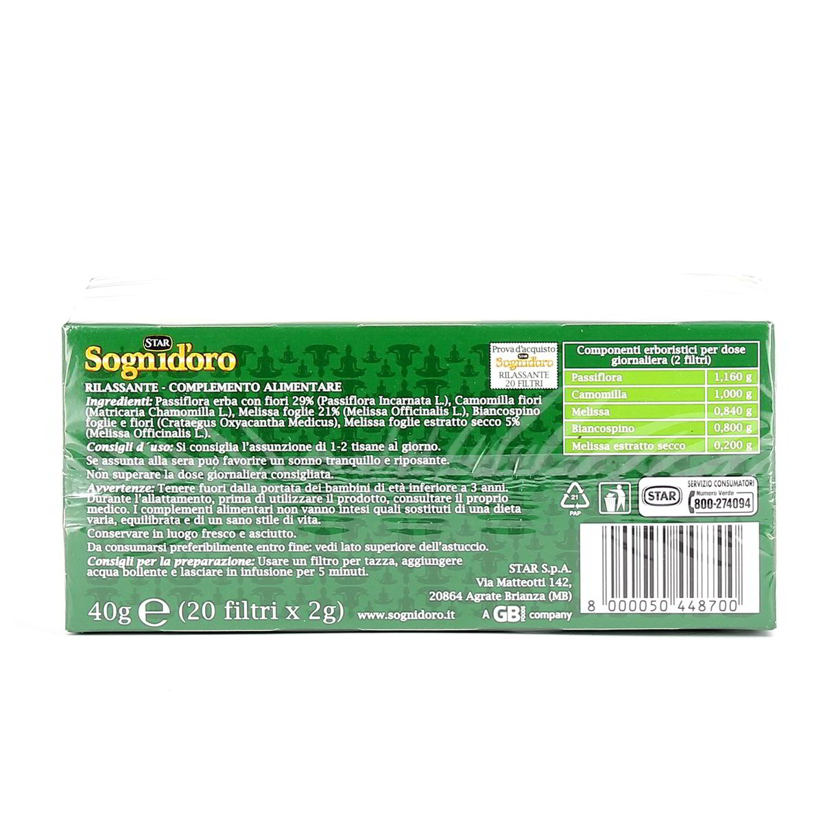 Sognid'Oro Tisana Rilassante Con Passiflora E Melissa 20 Filtri 40 g — immagine 3