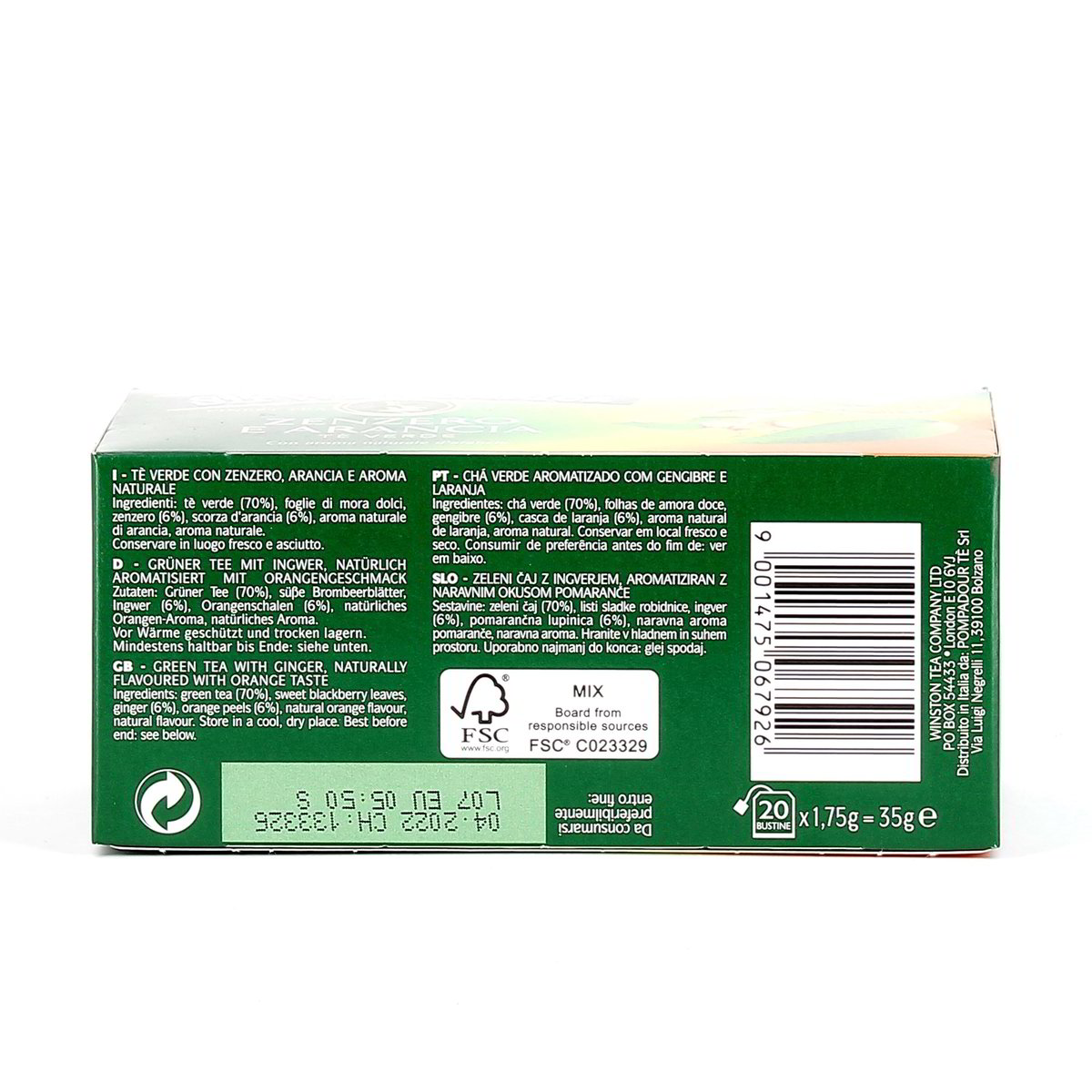 SIR Winston TEA Tè Verde Zenzero E Arancia 20 Filtri 35 g — immagine 3