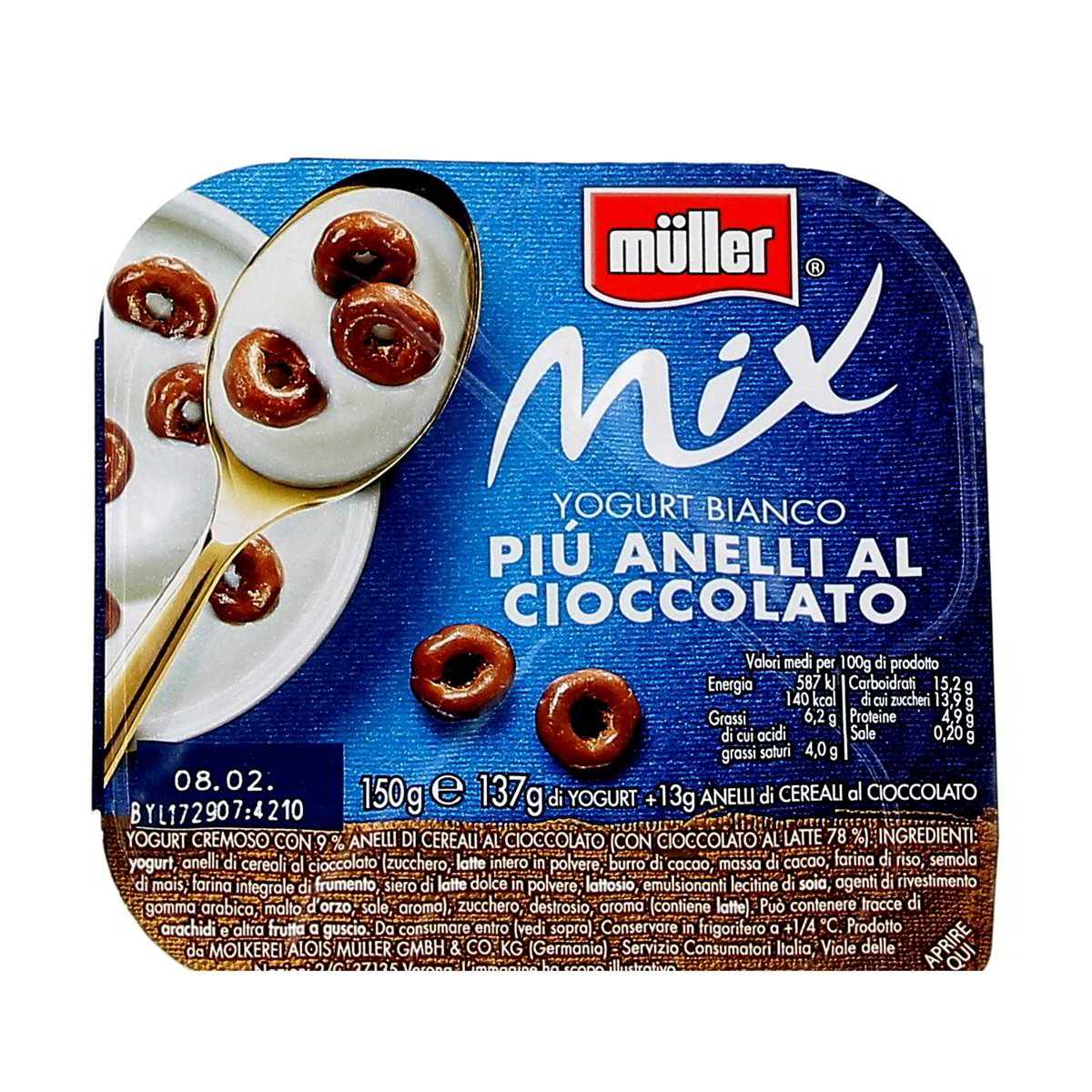Müller Mix Yogurt Bianco Piú Anelli Al Cioccolato 150 g