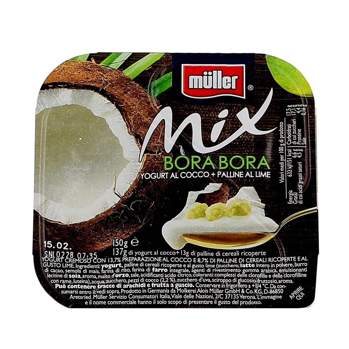 Müller MIX BORA BORA YOGURT AL COCCO PIÚ PALlINE AL LIME 150 g