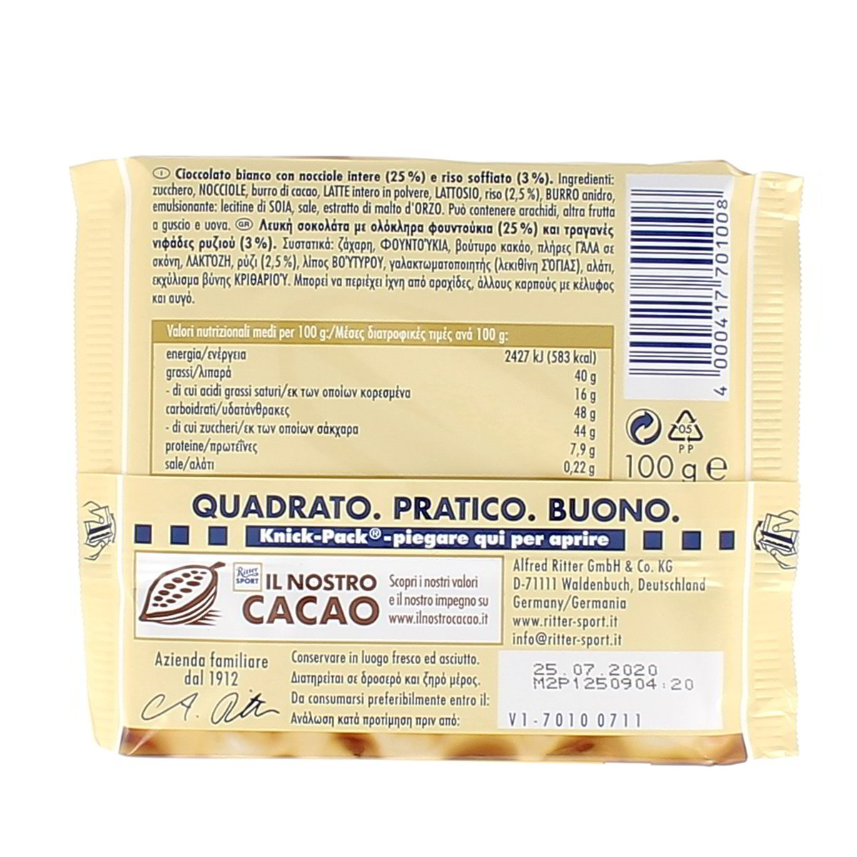 Ritter Sport Bianco Con Noccioole Intere 100 g — immagine 3