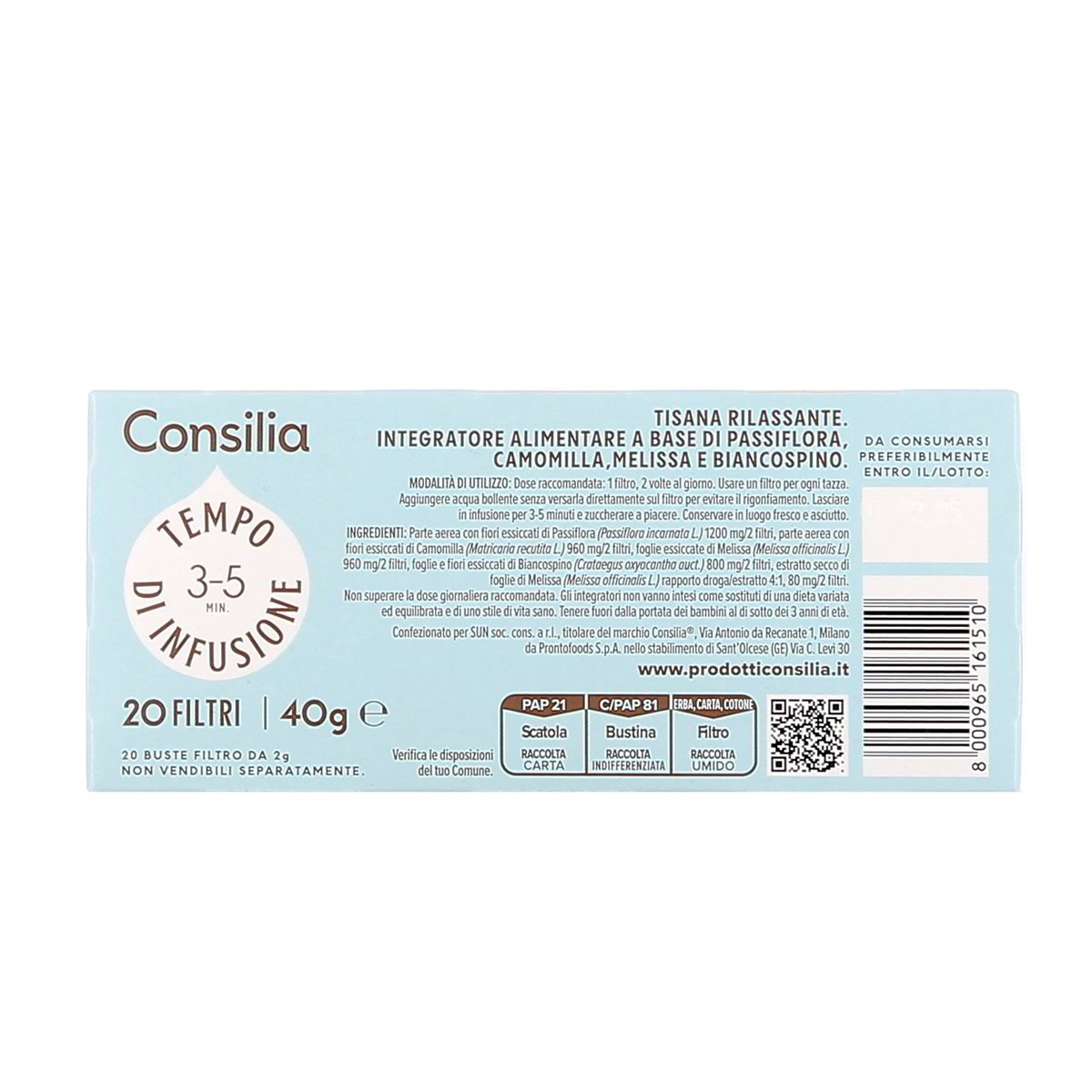 Consilia Tisana Rilassante Passiflora Camomilla Melissa Biancospino 20 Filtri 40 g — immagine 3
