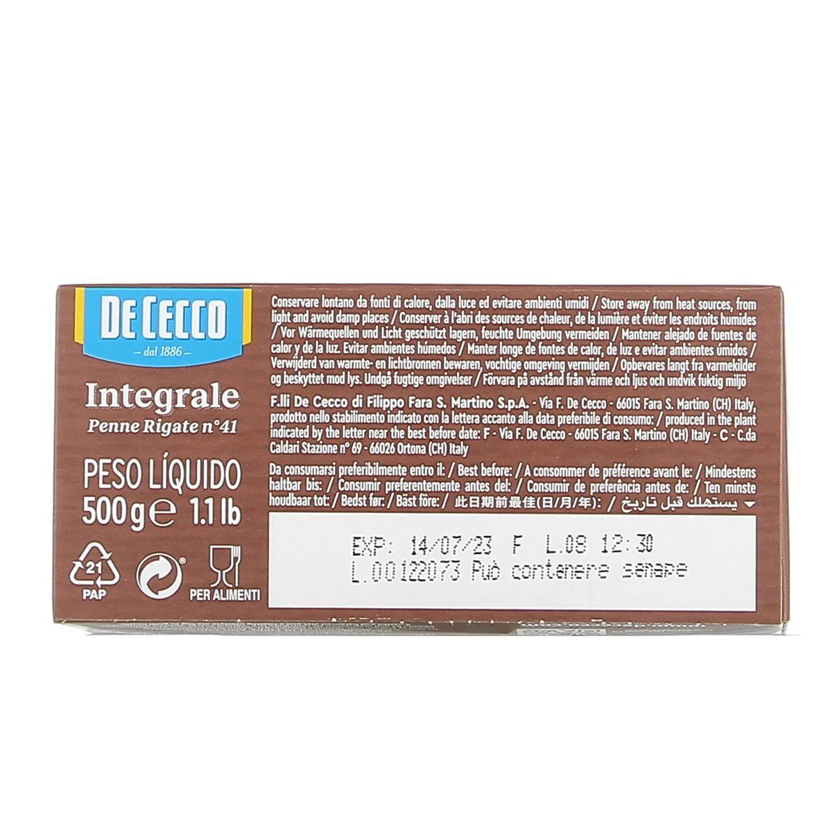 DE Cecco Pasta Penne Rigate Integrali 500 g — immagine 3