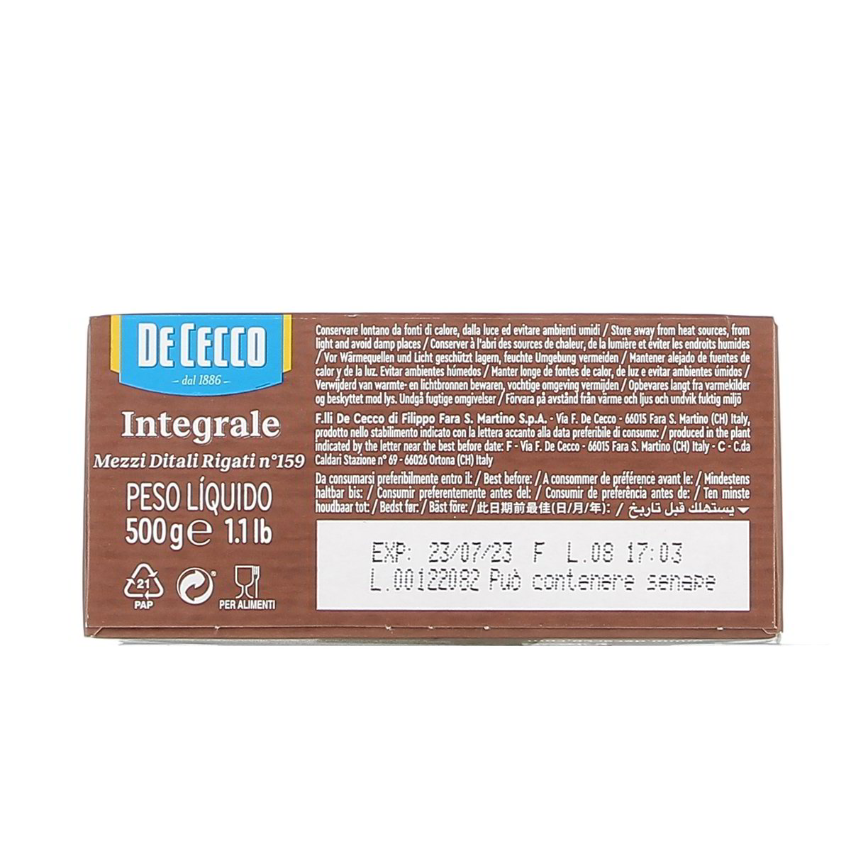 DE Cecco Pasta Mezzi Ditali Integrali 500 g — immagine 3