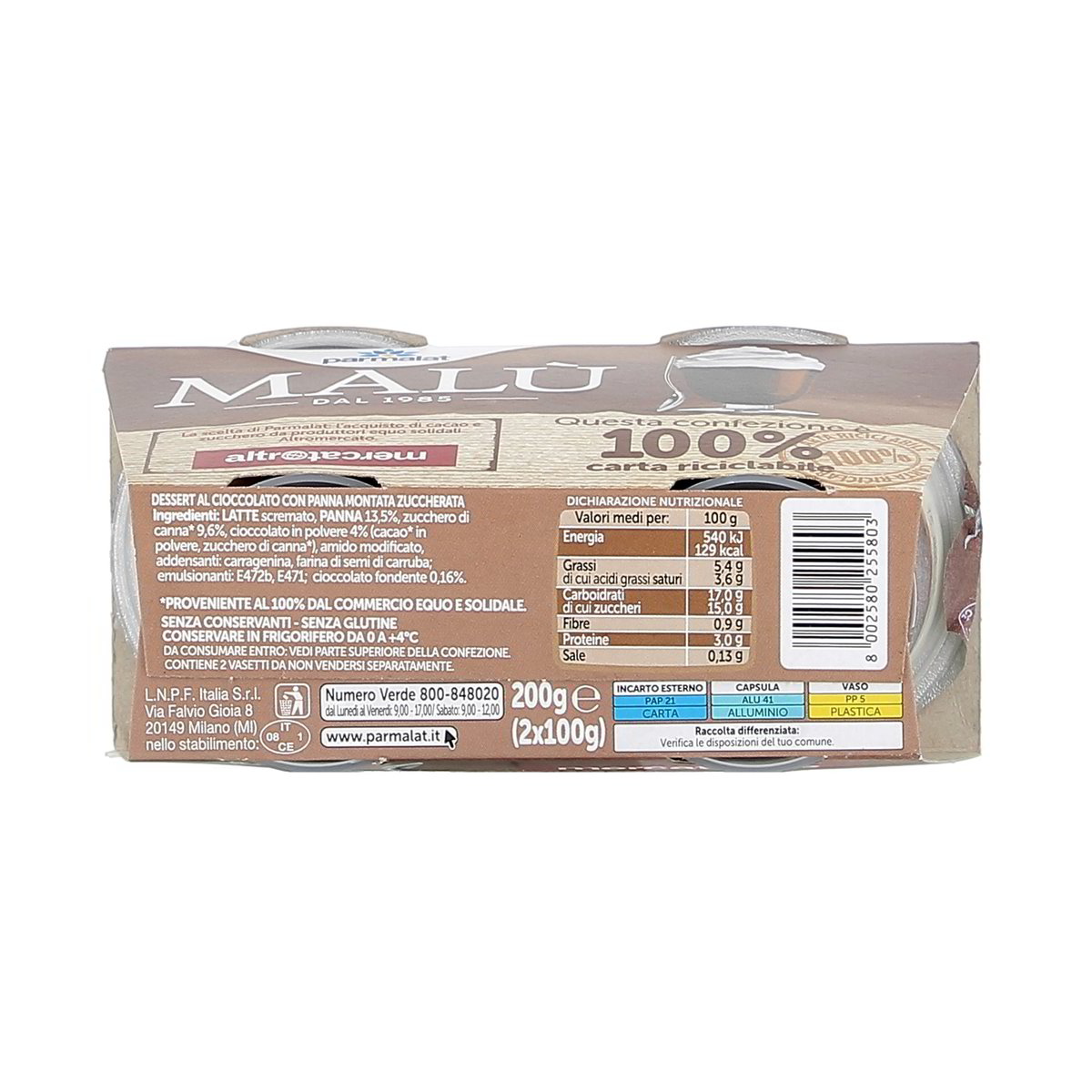 Parmalat Malù Al Cioccolato Con Panna Montata 2x100 g — immagine 3
