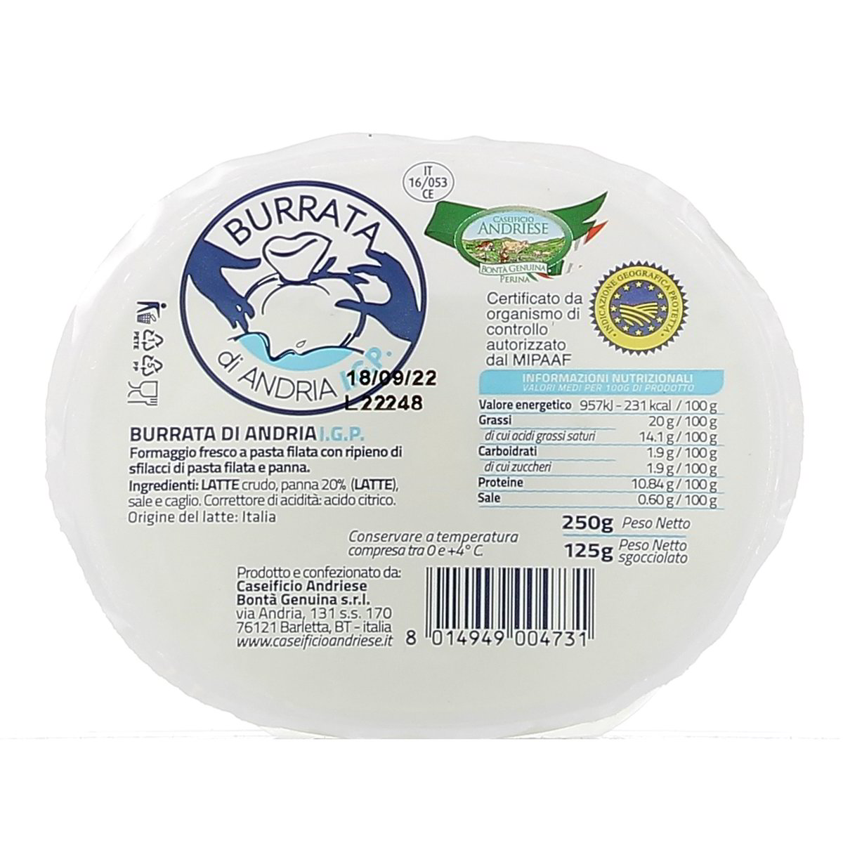 Caseificio Andriese Burrata Di Andria Igp 125 g