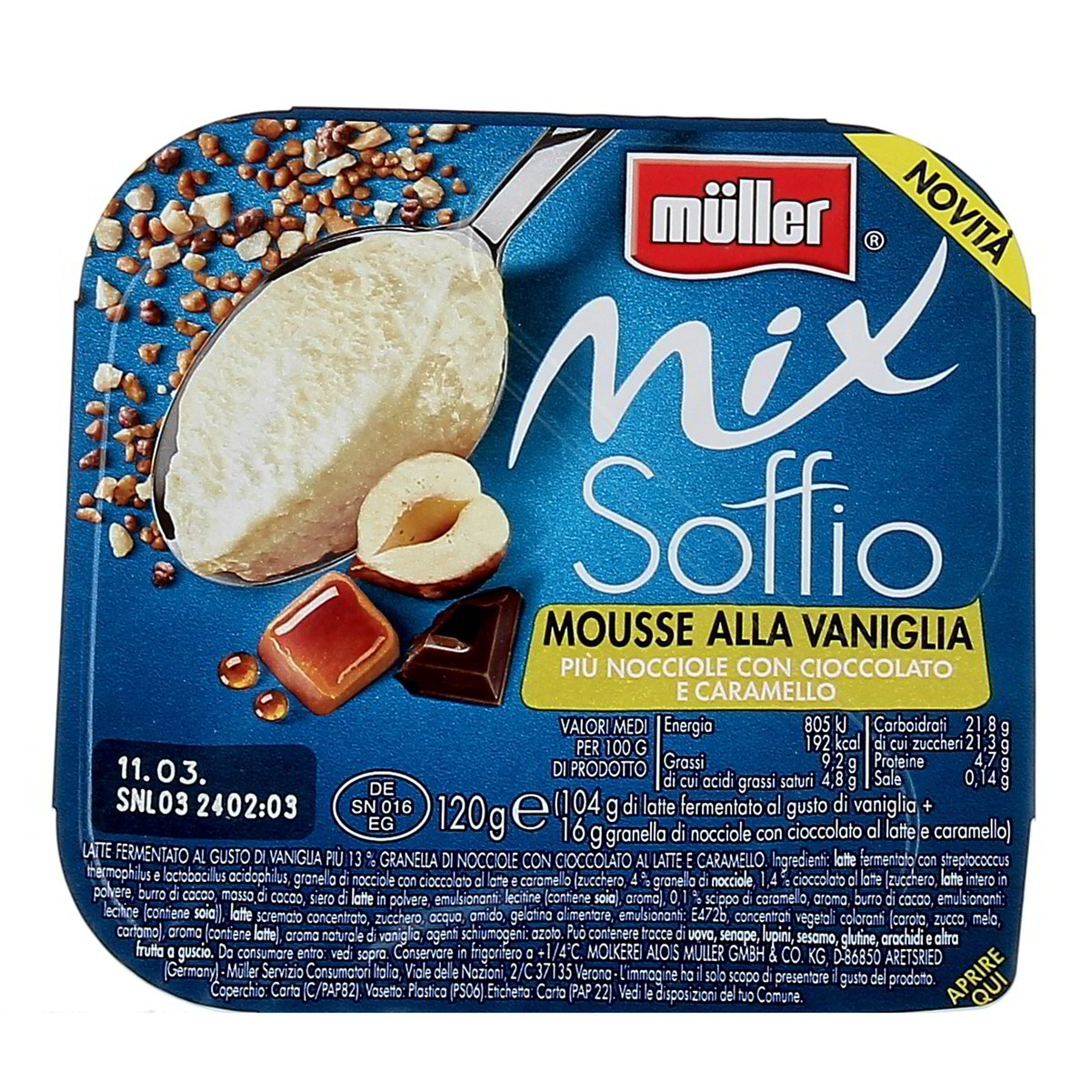 Müller Mix Soffio Mousse Alla Vaniglia E Nocciole Con Cioccolato E Caramello 120 g