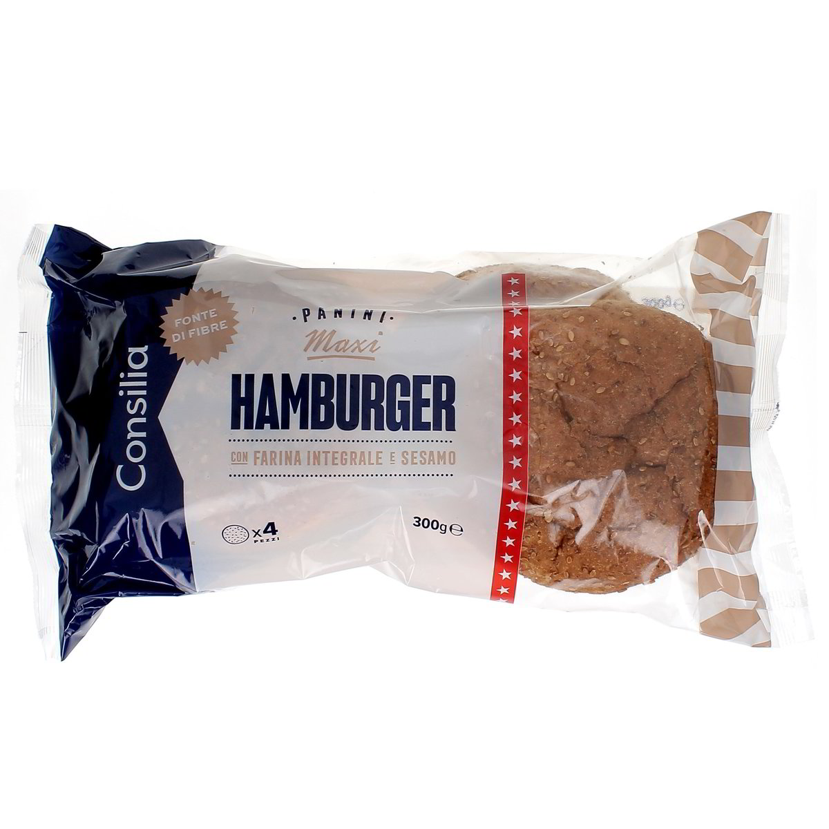 Consilia MAXI HAMBURGER CON FARINA INTEGRALE E SESAMO x4 300 g