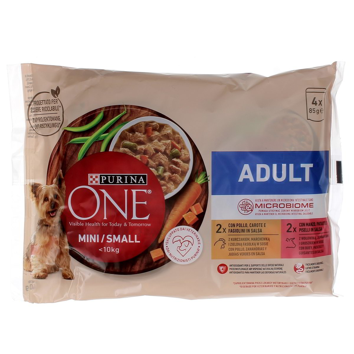 Purina One Adult Small Pollo Carote E Fagiolini In Salsa Manzo Patate E Piselli In Salsa 4x85 g