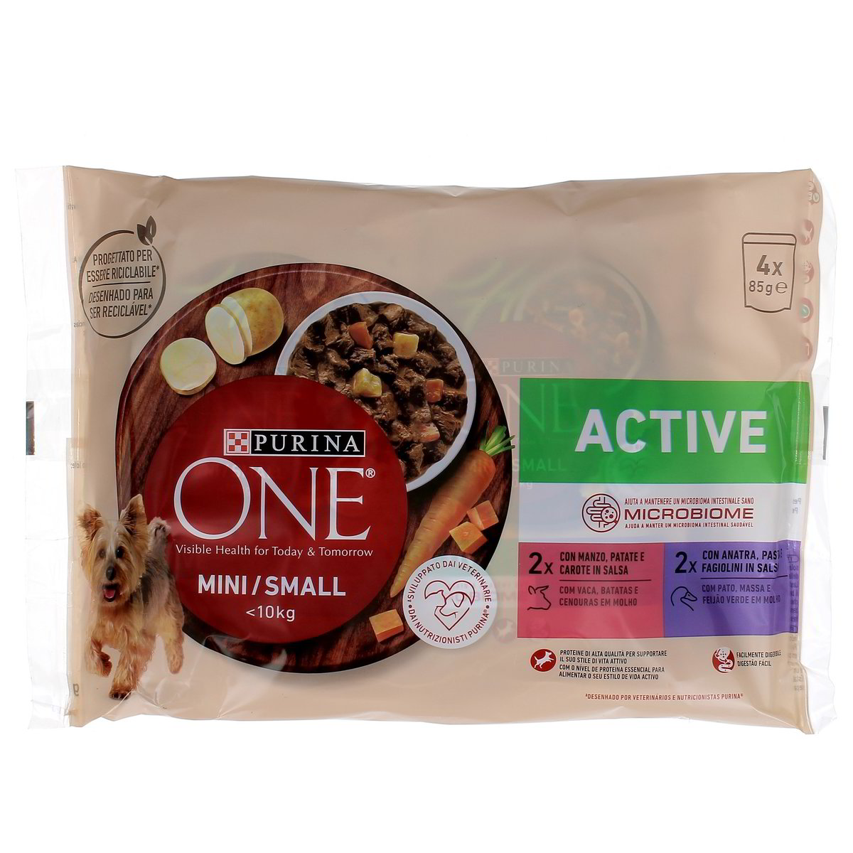 Purina One Adult Small Active Manzo Patate E Carote In Salsa Anatra Pasta E Fagiolini In Salsa 4x85 g