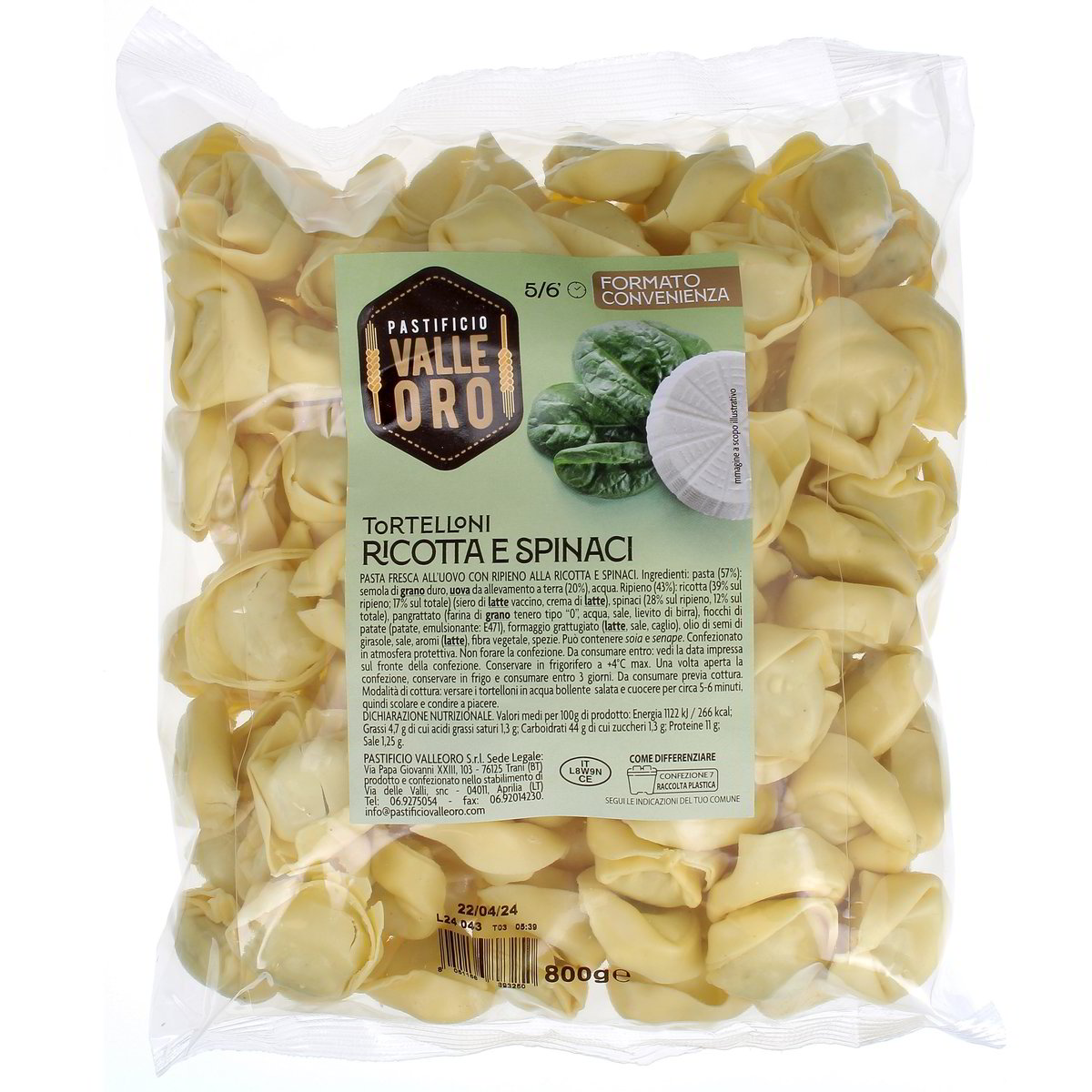 Valle ORO Tortelloni Ricotta E Spinaci 800 g