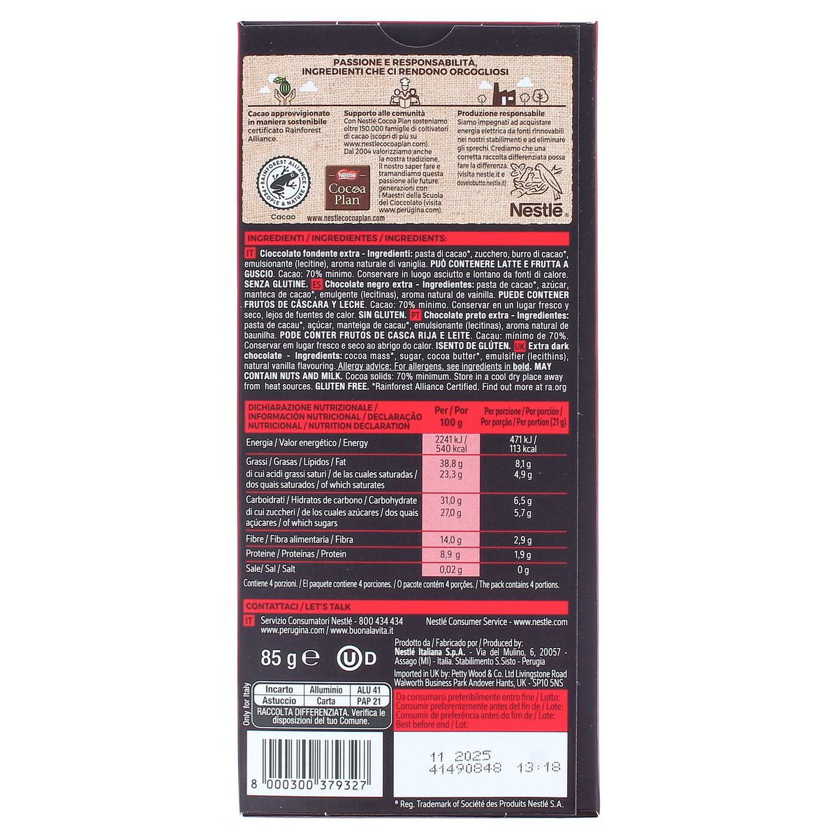 Perugina Nero Fondente Extra 70% Tavoletta Cioccolato 85 g — immagine 3