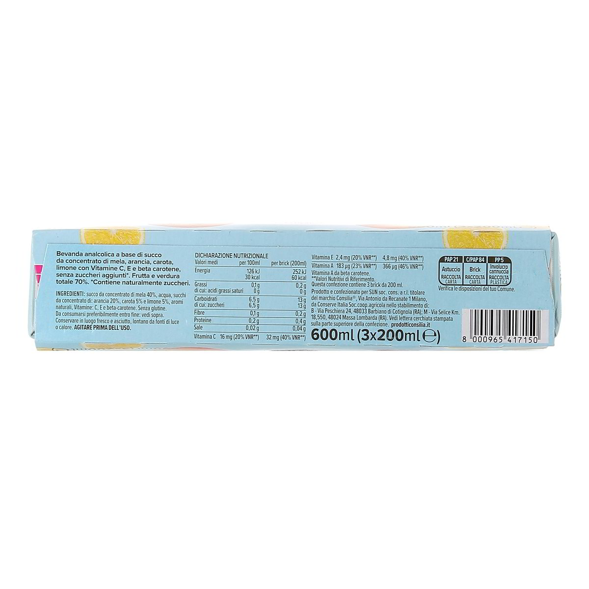 Consilia Ace Con Mela Arancia Carota E Limone Senza Zuccheri Aggiunti 3x20 cl — immagine 3