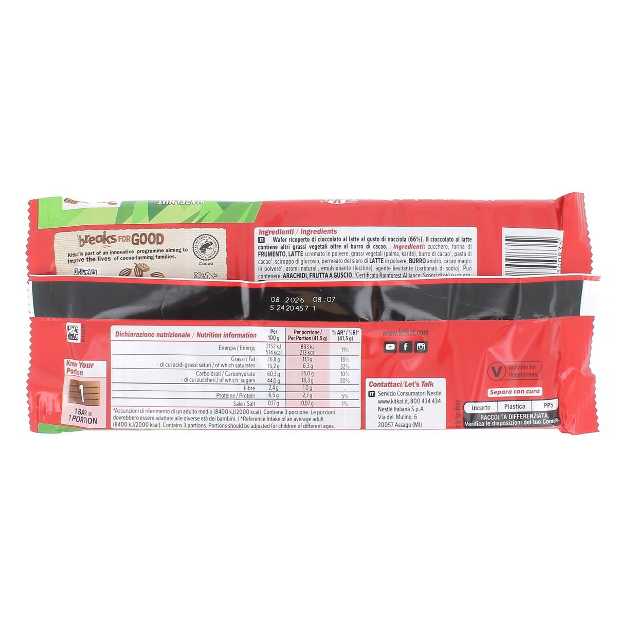 Kitkat Wafer Ricoperto Di Cioccolato Al Latte Al Gusto Di Nocciola 3 snack da 41,5 g — immagine 3