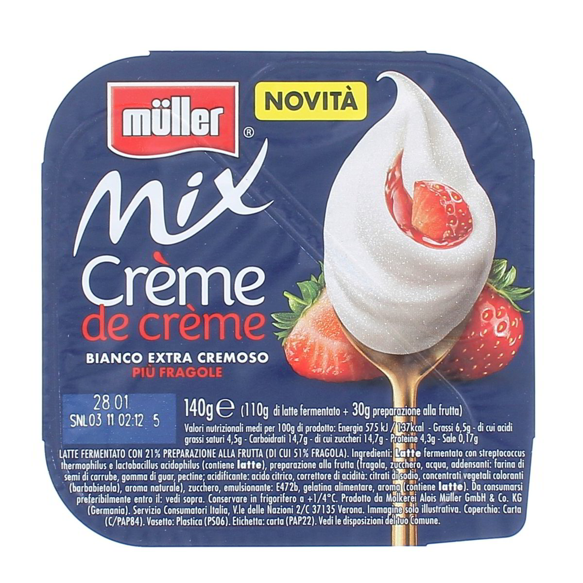 Müller Mix Crème De Crème Bianco Extra Cremoso Piu Fragole 140 g