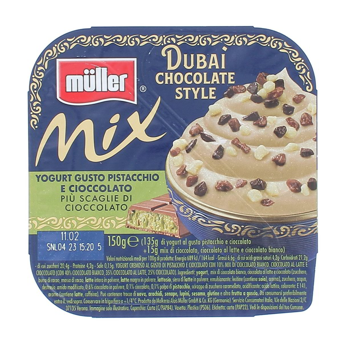 Müller Mix Dubai Chocolate Style Yogurt Gusto Pistacchio E Cioccolato Piu Scaglie Di Cioccolato 150 g