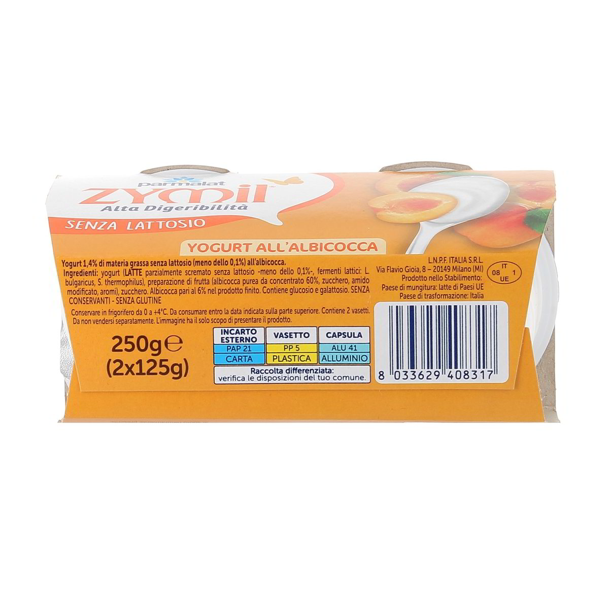 Parmalat Zymil Yogurt All'albicocca Senza Lattosio 2x125 g — immagine 3