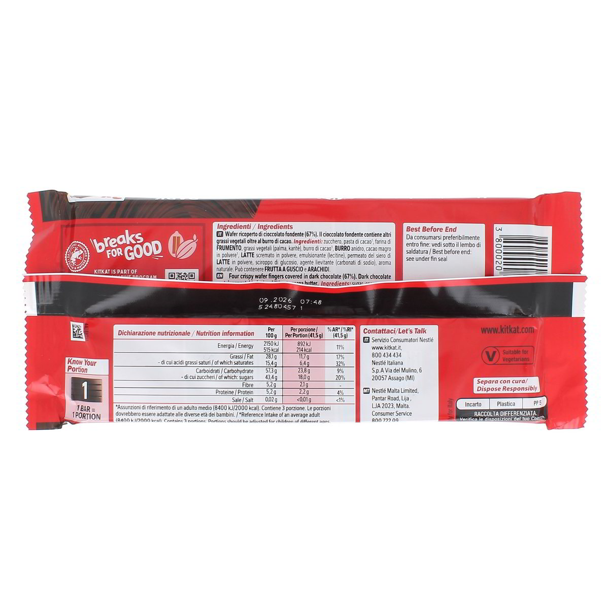 Kitkat Dark Wafer Ricoperto Di Cioccolato Fondente 3 snack da 41,5 g — immagine 3