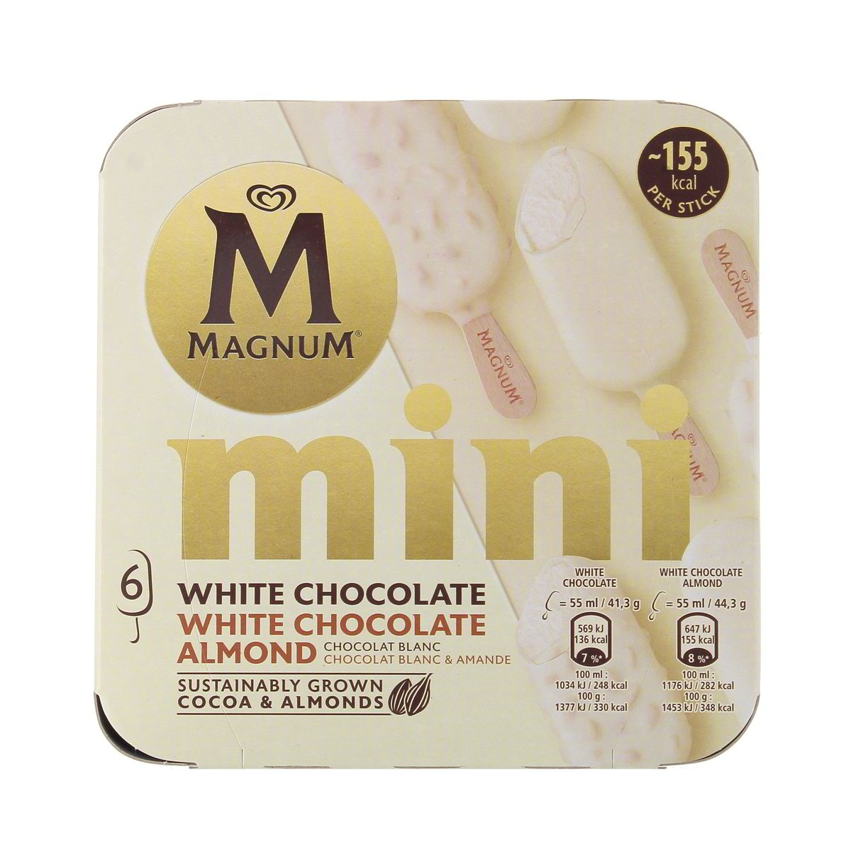Algida MAGNUM MINI WHITE CHOCOLATE ALMOND GELATO ALLA VANIGLIA RICOPERTO DI CIOCCOLATO BIANCO x6 256,8 g