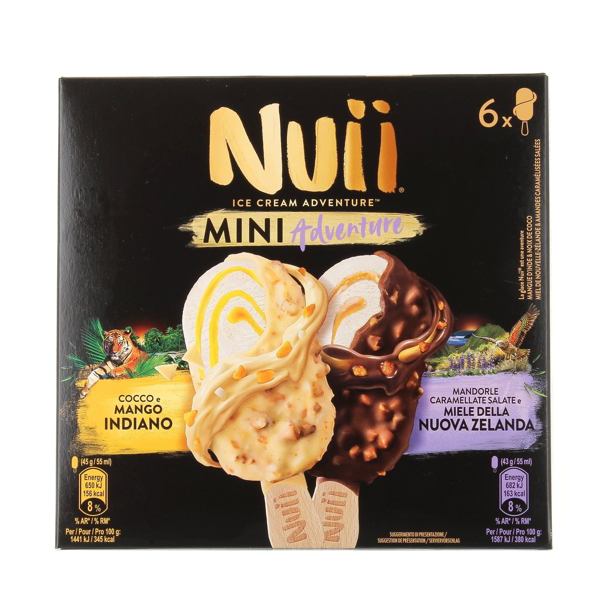 Nuii ICE CREAM MINI ADVENTURE COCCO E MANGO INDIANO MANDORLE CARAMELLATE SALATE E MIELE DELLA NUOVA ZELANDA x6 264 g