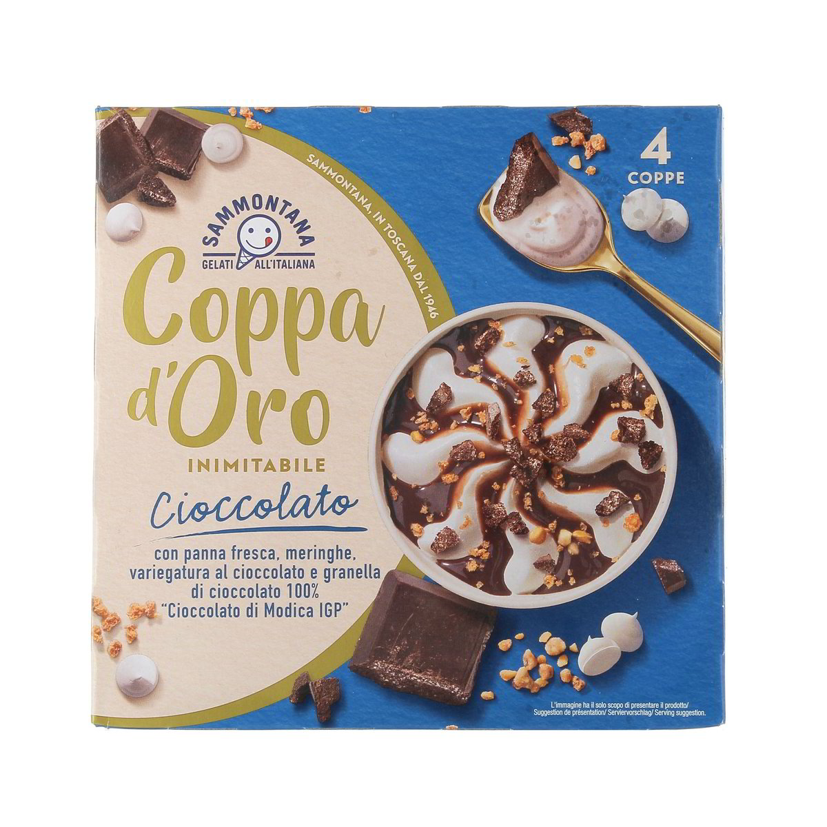 Sammontana COPPA D'ORO CIOCCOLATO CON PANNA FRESCA MERINGHE VARIEGATURE AL CIOCCOLATO E GRANELLA DI CIOCCOLATO DI MODICA IGP x4 360 g