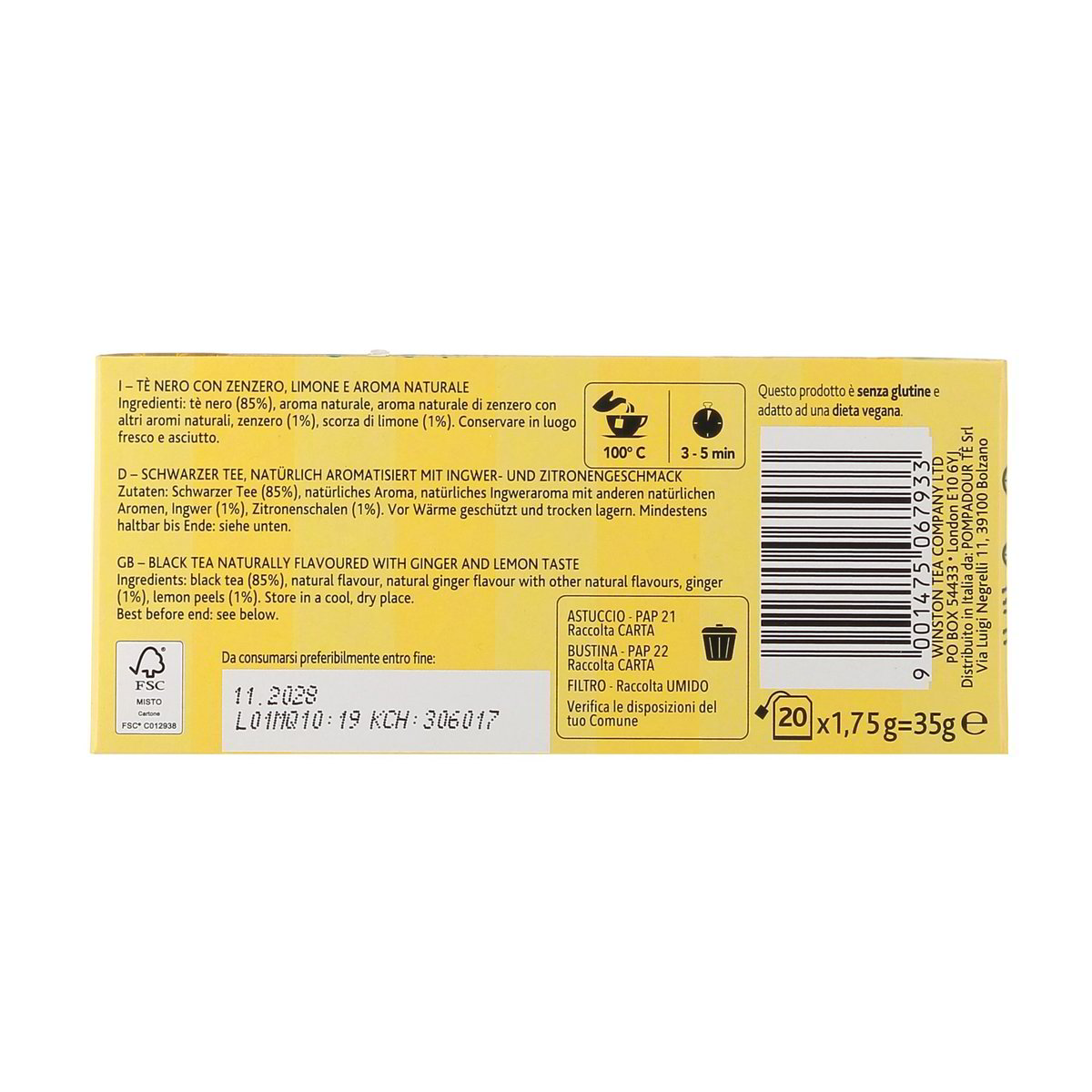SIR Winston TEA Tè Nero Zenzero E Limone 20 Filtri 35 g — immagine 3