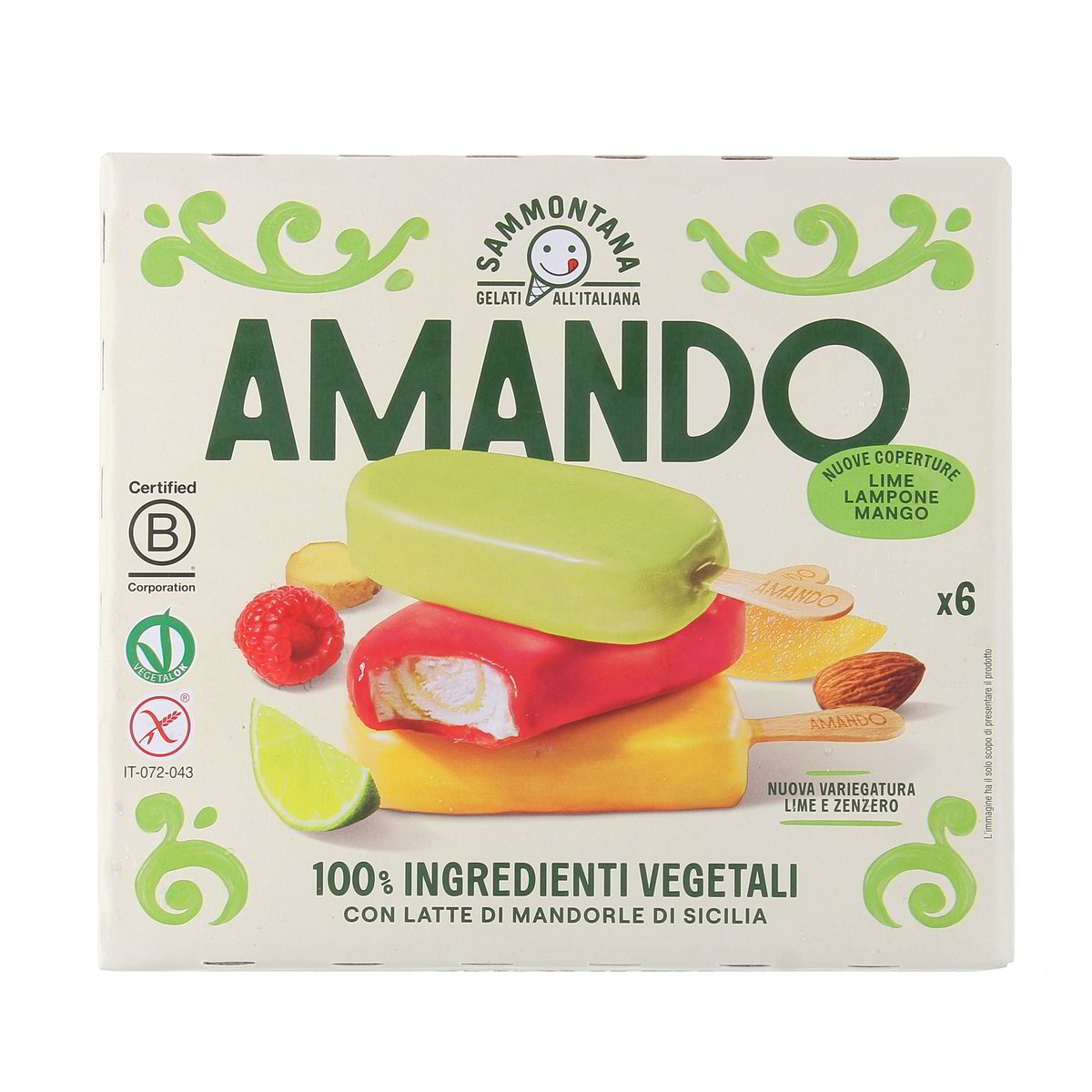 Sammontana AMANDO STECCHI GELATO ALLA VANIGLIA VARIEGATO AL LIME E ZENZERO CON COPERTURA DI SORBETTO ALLA FRUTTA x6 330 g