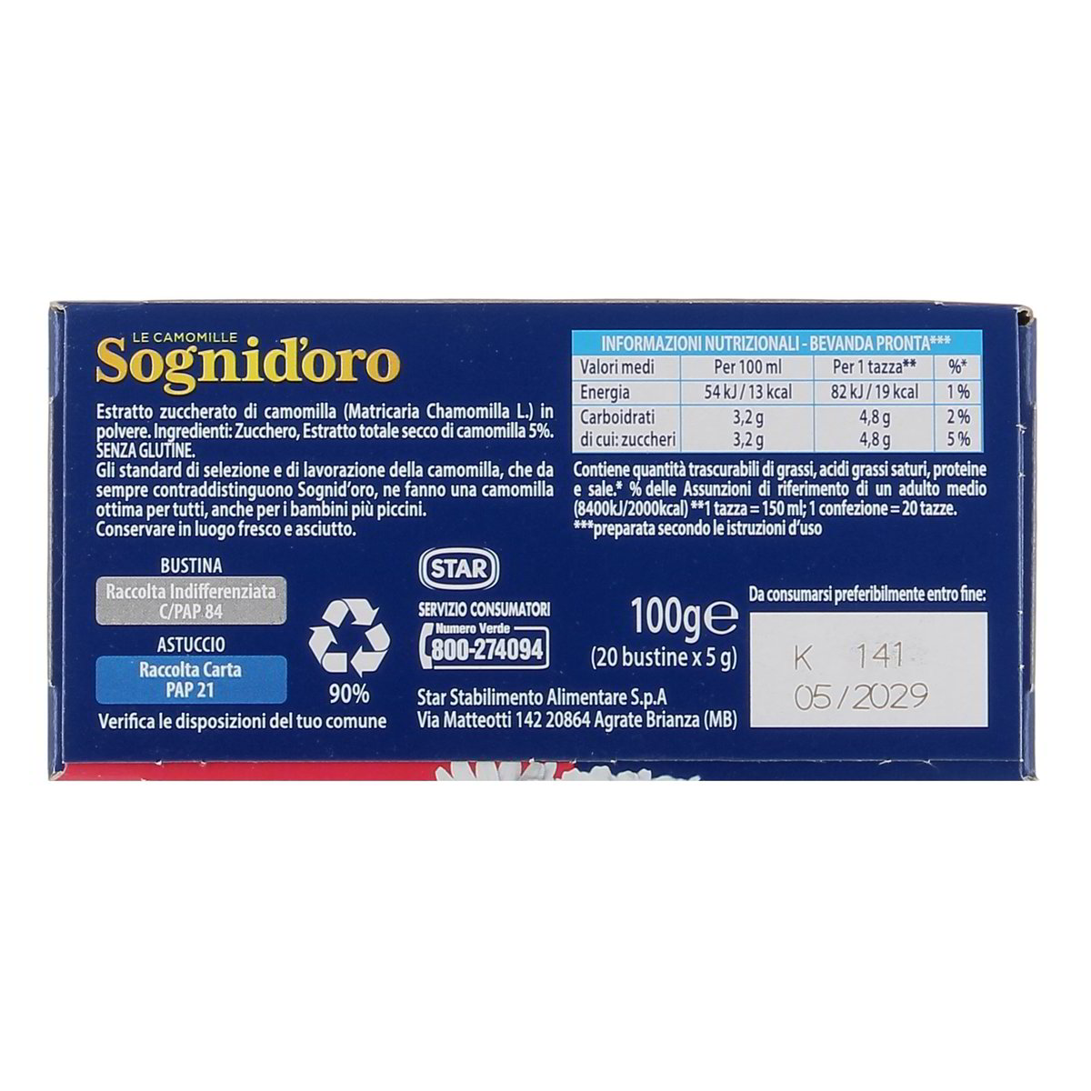 Sognid'Oro Camomilla Solubile 20 Bustine 100 g — immagine 3