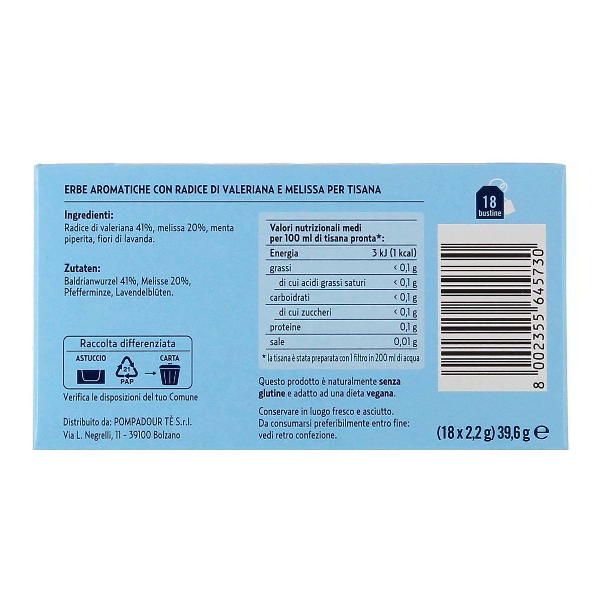 Pompadour Tisana Relax Con Valeriana E Melissa 18 Filtri 40 g — immagine 3